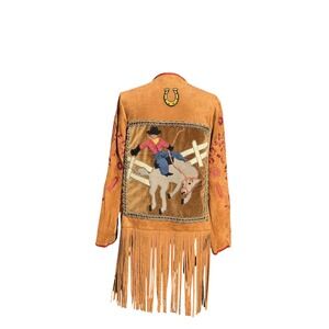 Lesal Upcycled Western Faux Suede Fringe Jacket Bronco Embroidered Tan M
